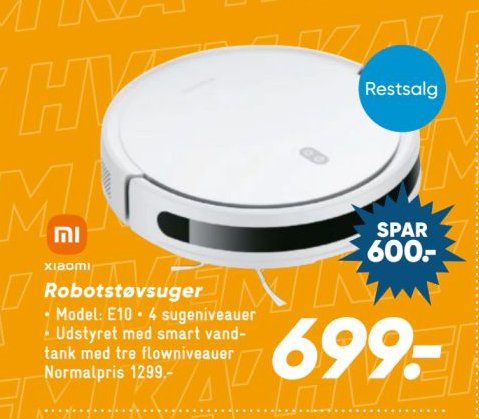 Xiaomi Robotstøvsuger Model: E10 4 sugeniveauer Udstyret med smart vandtank med tre flowniveauer Normalpris 1299,- – Bilka