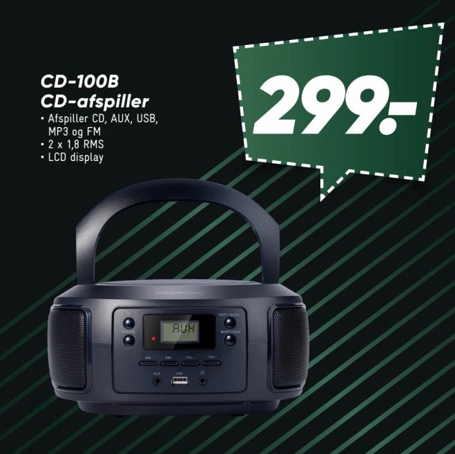 CD-100B CD-afspiller Afspiller CD, AUX, USB, MP3 og FM 2 x 1,0 W LCD display – Bilka