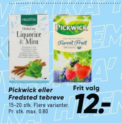 Pickwick eller Fredsted tebreve 15-20 stk. Flere varianter. Pr. stk. max. 0.80 – Bilka