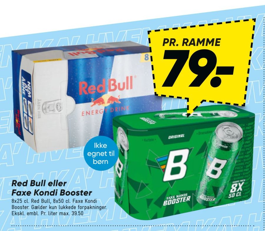 Red Bull eller Faxe Kondi Booster 8x25 cl. Red Bull, 8x50 cl. Faxe Kondi Booster – Bilka