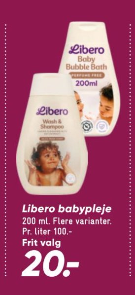 Libero babypleje 200 ml. Flere varianter. Pr. liter 100.- – Bilka