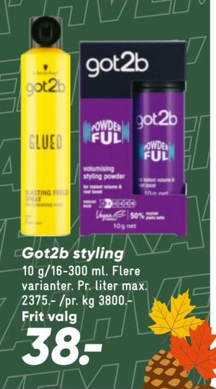 Got2b styling 10 g/16-300 ml. Flere varianter. Pr. liter max. 2375.- / pr. kg 3800.- Frit valg – Bilka