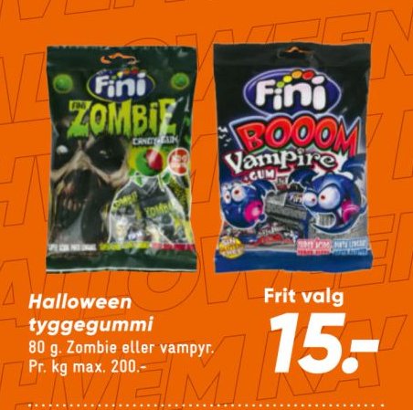 Halloween tyggegummi 80 g. Zombie eller vampyr. Pr. kg max. 200.- – Bilka