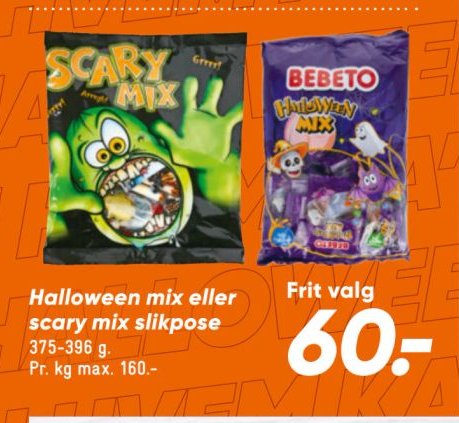 Halloween mix eller scary mix slikpose 375-396 g. Pr. kg max. 160.- – Bilka