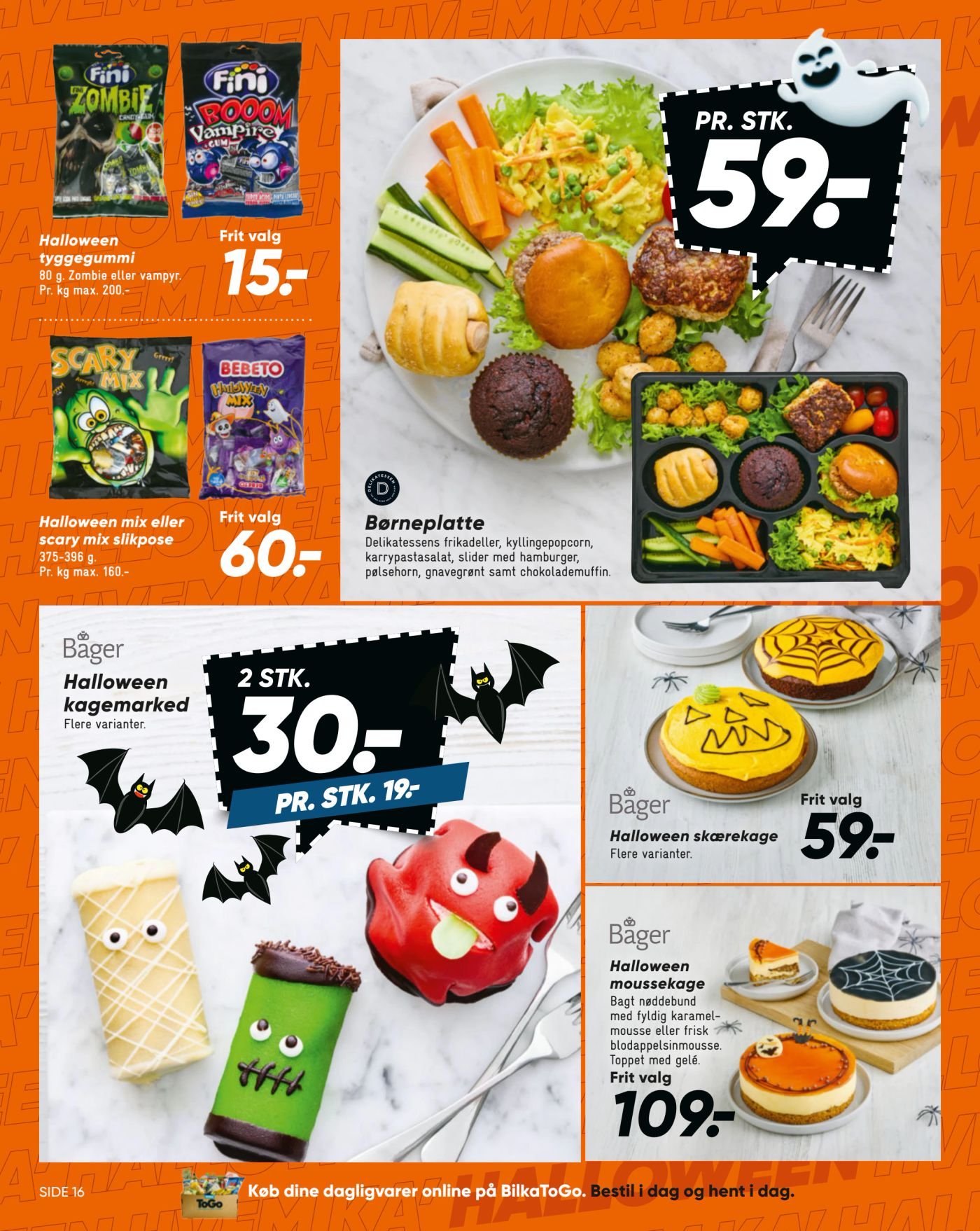 Halloween skærekage Bagt nøddebund med fyldig karamellmousse eller frisk blodappelsinmousse. Toppet med gelé. Frit valg – Bilka