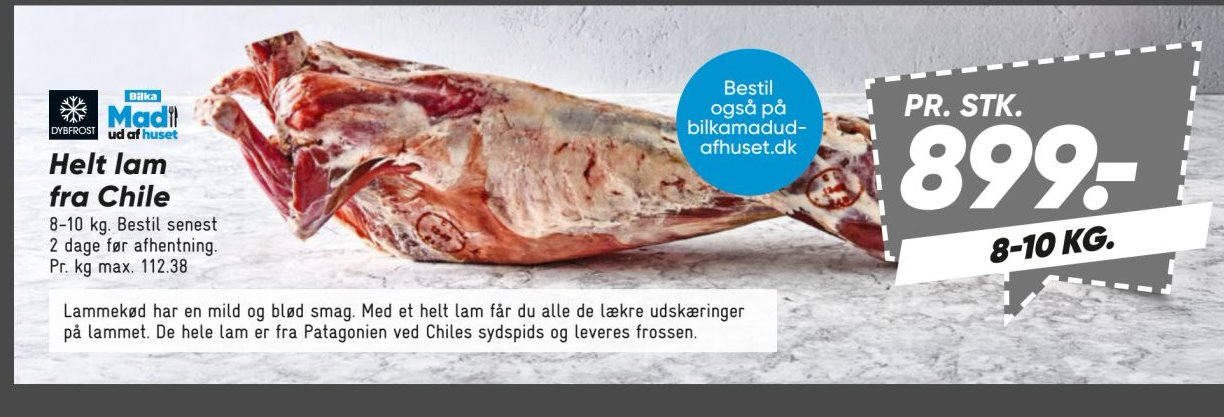 Heit lam fra Chile 8-10 kg. Bestil senest 2 dage før afhentning Pr. kg max. 112,38 – Bilka