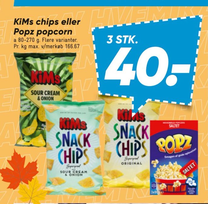 KiMs chips eller Popz popcorn a 80-270 g, flere varianter – Bilka