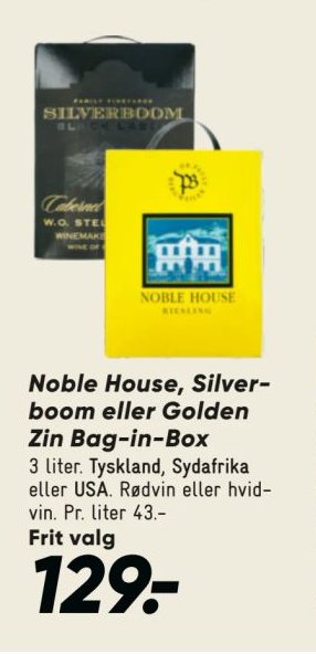 Noble House, Silverboom eller Golden Zin Bag-in-Box 3 liter. Tyskland, Sydafrika eller USA. Rødvin eller hvidvin. Pr. liter 43.- – Bilka