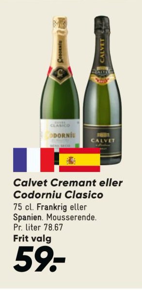 Calvet Cremant eller Codorniu Clasico 75 cl. Frankrig eller Spanien. Mousserende. Pr. liter 78.67 – Bilka