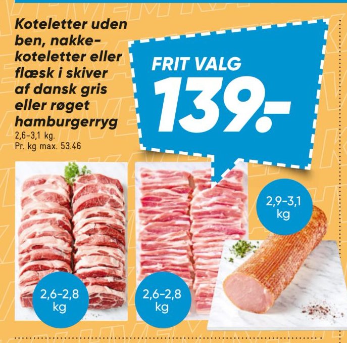 Koteletter uden ben, nakkekoteletter eller flæsk i skiver af dansk gris eller røget hamburgerryg – Bilka
