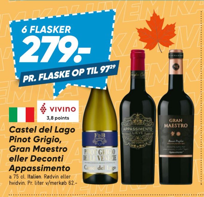 Castel del Lago Pinot Grigio, Gran Maestro eller Deconti Appassimento a 75 cl. Italien. Rødvin eller hvidvin. – Bilka