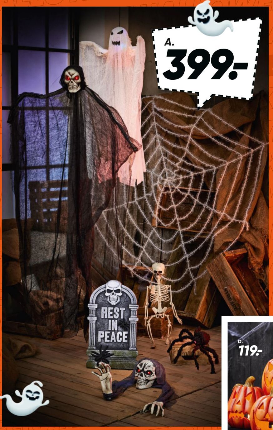 A. Halloween pynt. Skelet, gravsten, kranie, edderkop, spindelvæv, genfærd og spøgelse. – Bilka