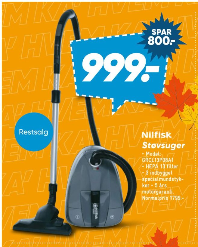 Nilfisk Støvsuger Model: GRC13P08A1 HEPA 13 filter 3 indbygget specialmundstykker 5 års motorgaranti – Bilka