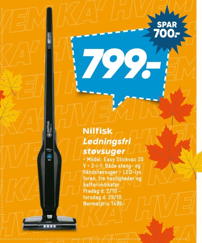 Nilfisk Ledningsfri støvsuger Model: Easy Stickvac 20 V 2-i-1 Både stang- og håndstøvsuger LED-lys foran, tre hastigheder og batteriindikator – Bilka