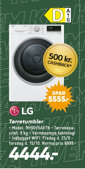 LG Tørretumbler Model: RH90V5AV7N - Tørrekapacitet: 9 kg - Varmepumpe teknologi - Indbygget WIFI. Fredag d. 25/9 - torsdag d. 15/10. Normalpris 9999.- – Bilka
