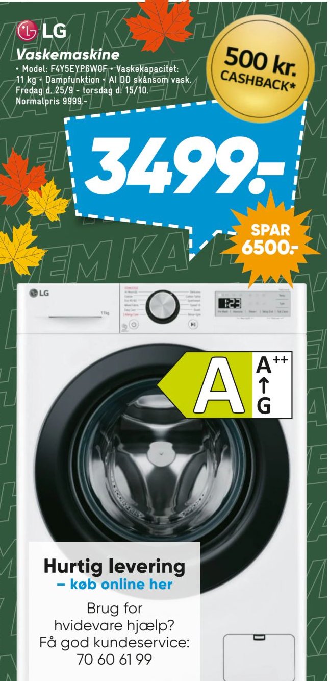 LG Vaskemaskine Model: F4V5VYP0 - Vaske kapacitet: 10,5 kg - AI DD skånsom vask. Fredag d. 25/9 - torsdag d. 15/10. Normalpris 9999.- – Bilka