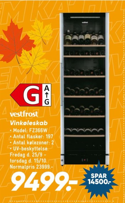 vestfrost Vinkøleskab Model: FZ366W Antal flasker: 197 Antal kølezoner: 2 UV-beskyttelse. Fredag d. 25/9 - torsdag d. 15/10. Normalpris 23999. – Bilka