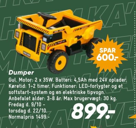 Dumper Gul. Motor: 2 x 35W. Batteri: 4,5Ah med 24V oplader. Køretid: 1-2 timer. Funktioner: LED-forlygter og et softstart-system og en elektriske tipvogn. Anbefalet alder: 3-8 år. Max druerugvægt: 30 kg. – Bilka