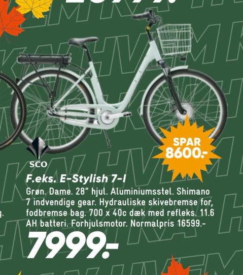 F.eks. E-Stylish 7-I Grøn. Dame. 28" hjul. Aluminiumsstel. Shimano 7 indvendige gear. Hydrauliske skivebremse for, fodbremse bag. 700 x 40c dæk med refleks. 11,6 AH batteri. Forhjulsmotor. – Bilka