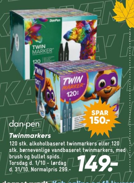 Dan-Pen Twinmarkers 120 stk. alkoholbaseret twinmarkers eller 120 stk. børnevenlige vandbaseret twinmarkers, med brush og bullet spids. – Bilka