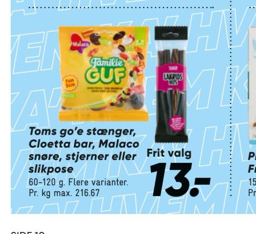 Toms go’e stænger, Cloetta bar, Malaco snøre, stjerner eller slikpose – Bilka