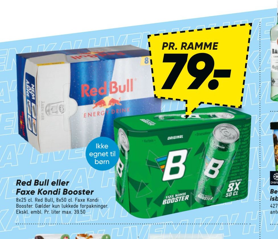 Red Bull eller Faxe Kondi Booster – Bilka