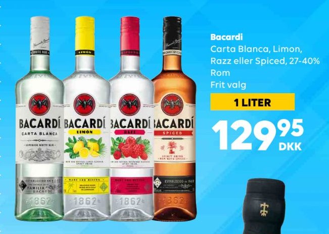 Bacardi Carta Blanca, Limon, Razz eller Spiced, 27-40% Rom Frit valg 1 LITER – BorderShop