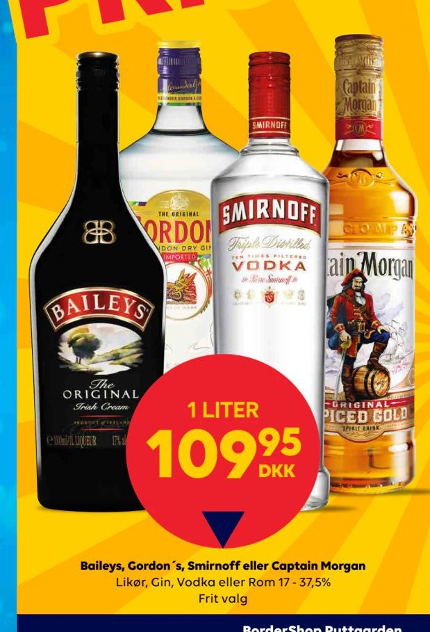 Baileys, Gordon´s, Smirnoff eller Captain Morgan Likør, Gin, Vodka eller Rom 17 - 37,5% Frit valg – BorderShop