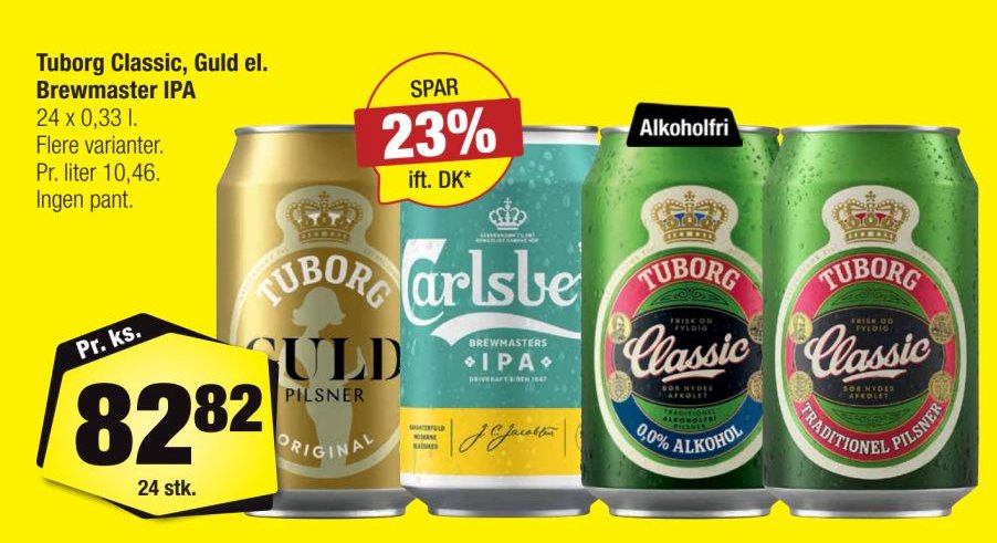 Tuborg Classic, Guld el. Brewmaster IPA 24 x 0,33 l Flere varianter. Pr. liter 10,46. Ingen pant. – Calle