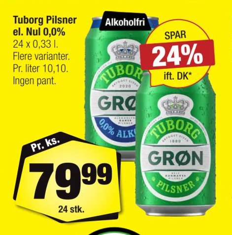 Tuborg Pilsner Alkoholfri 24 x 0,33 l Flere varianter. Pr. liter 10,00. Ingen pant. – Calle