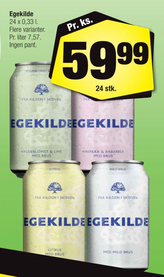 Egekilde 24 x 0,33 l. Flere varianter. Pr. liter 5,45. Ingen pant. – Calle