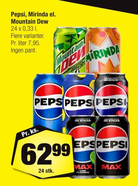 Pepsi, Mirinda el. Mountain Dew 24 x 0,33 l. Flere varianter. Pr. liter 7,25. Ingen pant. – Calle