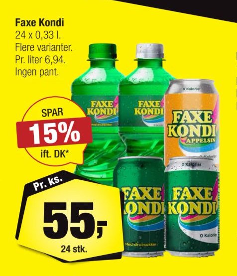 Faxe Kondi 24 x 0,5 l. Flere varianter. Pr. liter 4,4. Ingen pant. – Calle