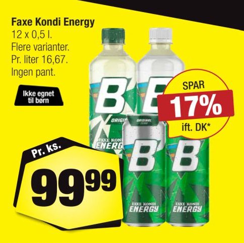 Faxe Kondi Energy 12 x 0,5 l. Flere varianter. Pr. liter 6,67. Ingen pant. – Calle