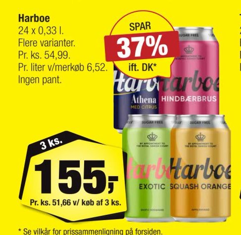 Harboe 3 ks. Flere varianter. Pr. liter 7,99. Spar 37% ift. DK* – Calle
