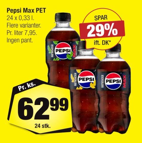 Pepsi Max PET 24 x 0,5 l. Flere varianter. Pr. liter 5,25. Ingen pant. – Calle