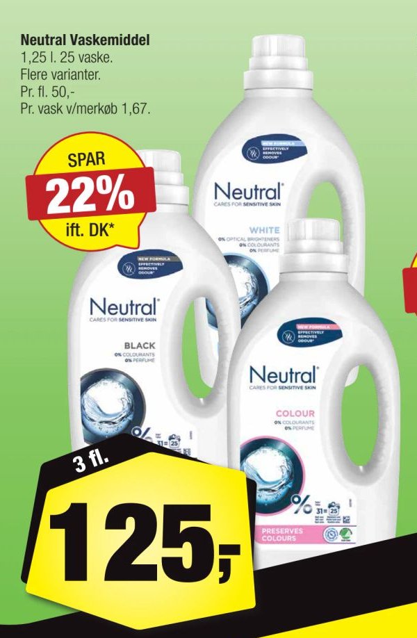 Neutral Vaskemiddel 1,25 l. 2/3 flaske. Flere varianter. – Calle