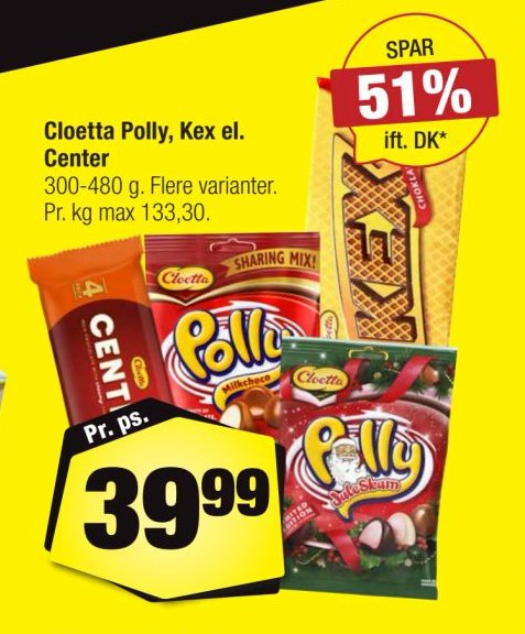 Cloetta Polly, Kex el. Center 200-400 g. Flere varianter. – Calle