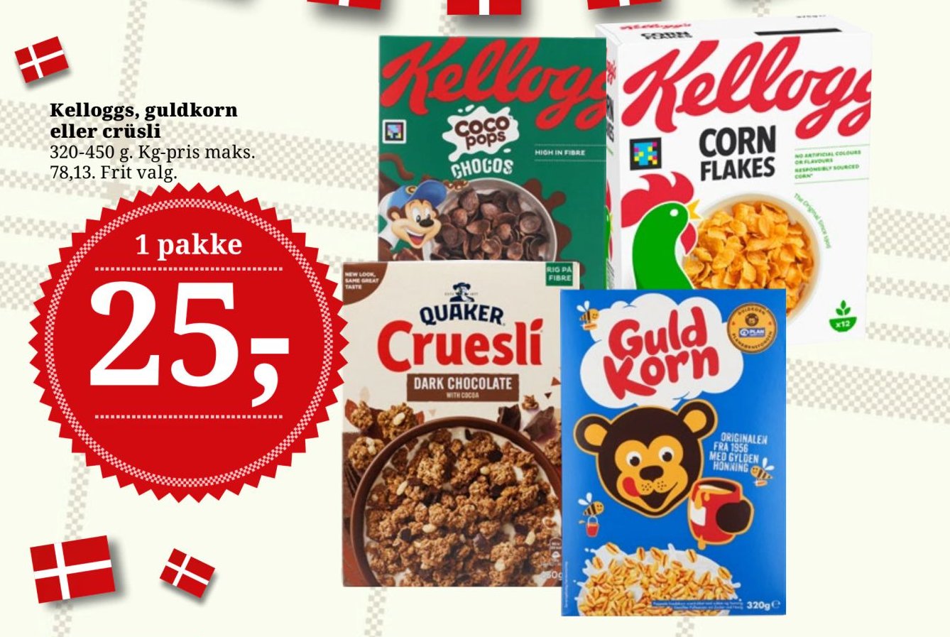 Kelloggs, Guld korn eller crüsli 320-450 g. Kg-pris maks. 78,13. Frit valg. – Dagli'Brugsen