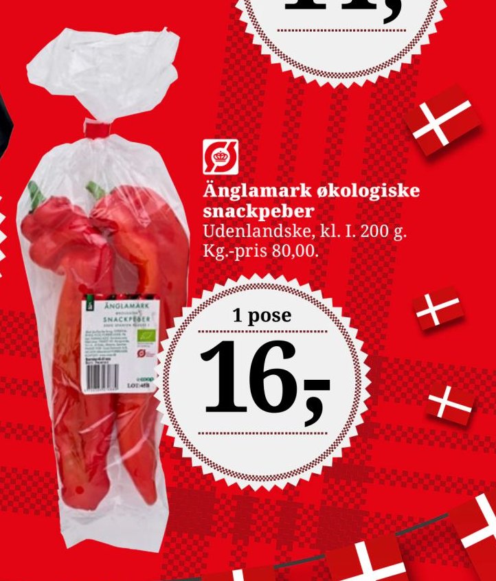 Änglamark økologiske snackpeber Udenlandske, kl. I. 200 g. Kg-pris 80,00. – Dagli'Brugsen