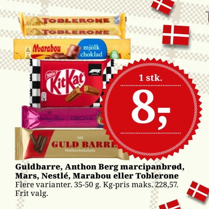 Guldbarre, Anthon Berg marcipanbrød, Mars, Nestlé, Marabou eller Toblerone Flere varianter. 35-50 g – Dagli'Brugsen