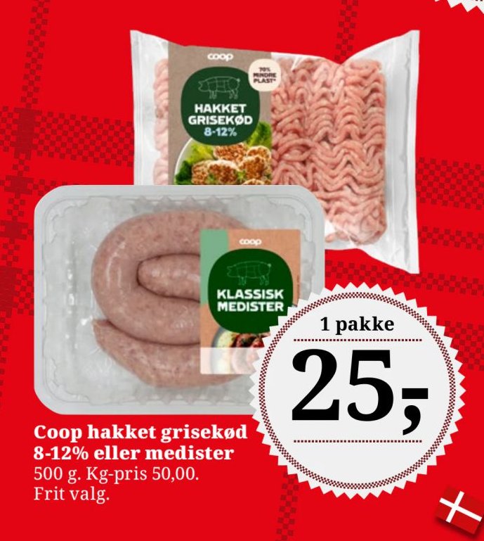 Coop hakket grisekød 8-12% eller medister 500 g. Kg-pris 50,00. Frit valg. – Dagli'Brugsen