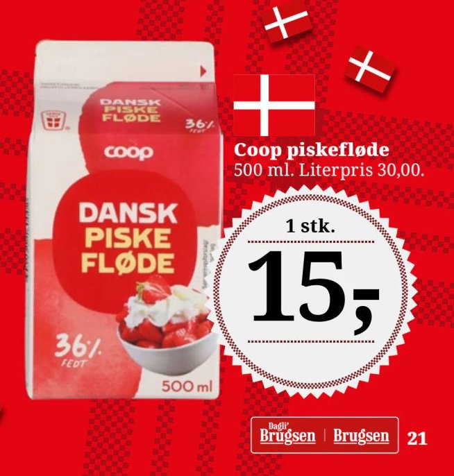 Coop piskefløde 500 ml. Literpris 30,00. – Dagli'Brugsen