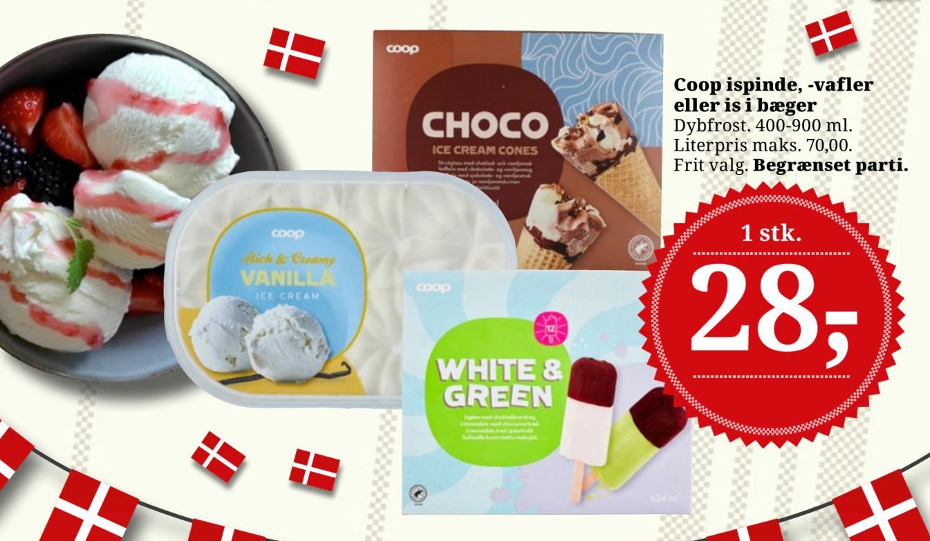 Coop ispinde, -vafler eller is i bæger Dybfrost. 400-900 ml. Literpris maks. 70,00. Frit valg. Begrænset parti. – Dagli'Brugsen