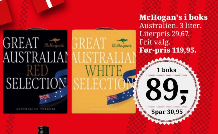 McHogan's i boks Australien. 3 liter. Literpris 29,67. Frit valg. – Dagli'Brugsen