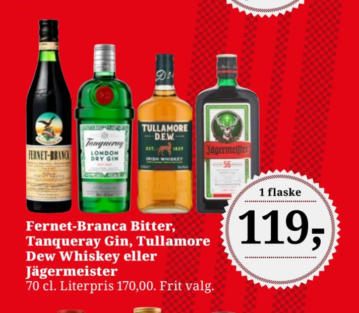 Fernet-Branca Bitter, Tanqueray Gin, Tullamore Dew Whiskey eller Jägermeister 70 cl. Literpris 170,00. Frit valg. – Dagli'Brugsen