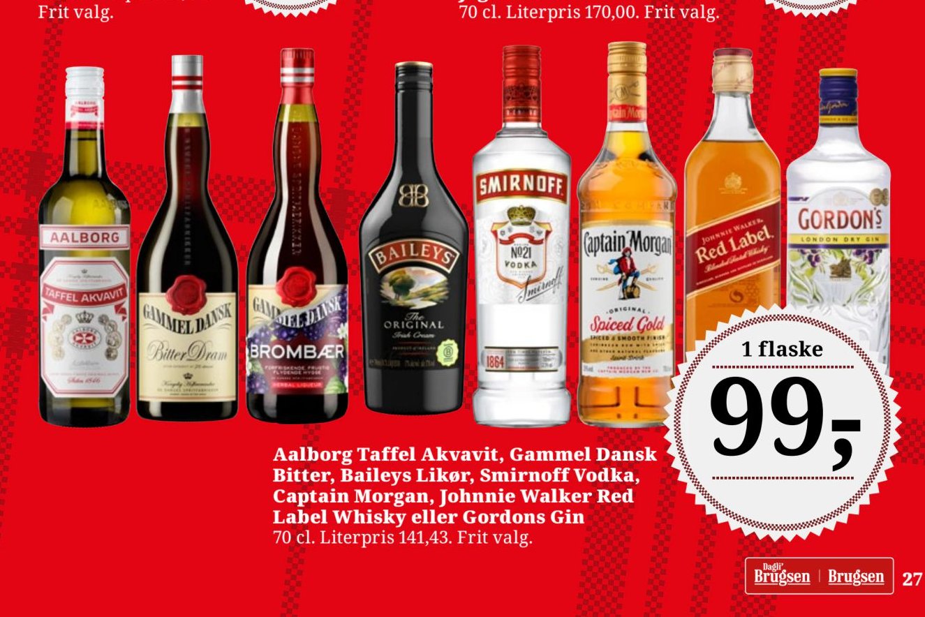 Aalborg Taffel Akvavit, Gammel Dansk Bitter, Baileys Likør, Smirnoff Vodka, Captain Morgan, Johnnie Walker Red Label Whisky eller Gordons Gin 70 cl. Literpris 141,43. Frit valg. – Dagli'Brugsen