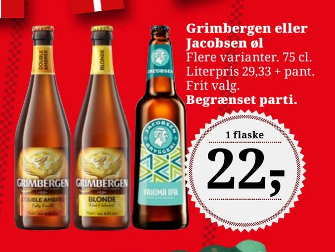 Grimbergen eller Jacobsen øl Flere varianter. 75 cl. Literpris 29,33 + pant. Frit valg. Begrænset parti. – Dagli'Brugsen