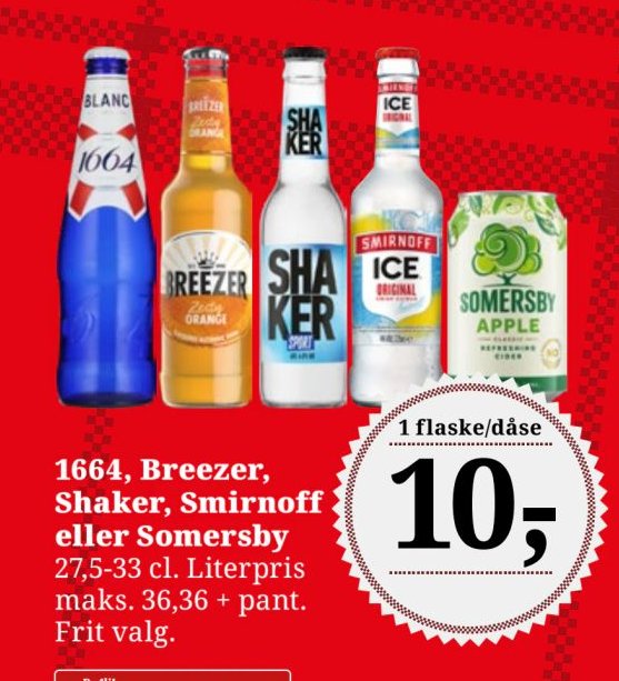1664, Breezer, Shaker, Smirnoff eller Somersby 27,5-33 cl. Literpris maks. 36,36 + pant. Frit valg. – Dagli'Brugsen
