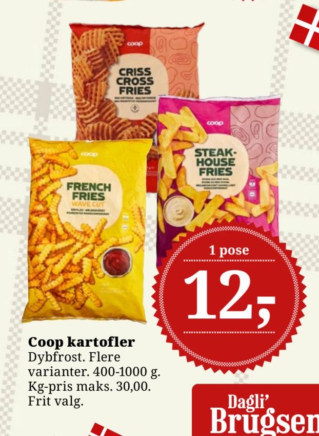 Coop kartofler Dybfrost. Flere varianter. 400-1000 g. Kg-pris maks. 30,00. Frit valg. – Dagli'Brugsen